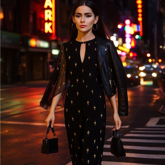 TRUSSARDI JEANS “1987” Heart-Flame Wide-Leg Jumpsuit | Sheer Cape Sleeves - Picture 13 of 14